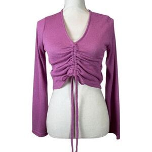Mimosa Ruched Crop Drawstring Front Pinkish Purple Top Flair Sleeve Size Small